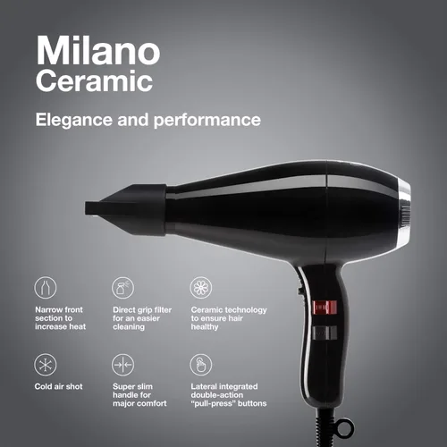 Vista 2 de Elchim Milano - Secador de pelo de cerámica ultra delgado y ligero, secador profesional de salón y diseño ergonómico, concentrador incluido, secado