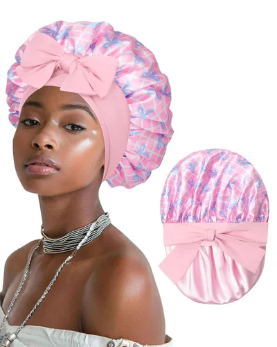 Vista 25 de Gorro de satén para mujeres, gorros de seda para dormir, gorro para cabello rizado con banda elástica con lazo, reversible de doble capa, gorro