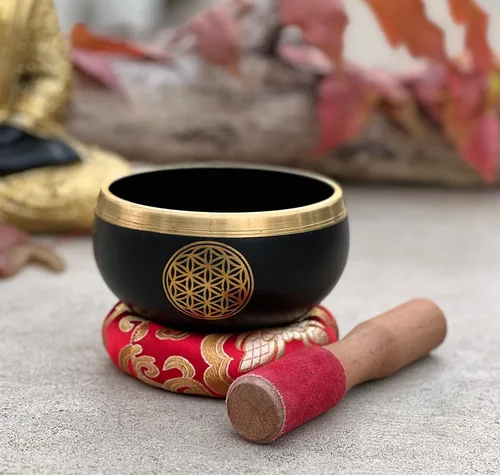Vista 5 de Juego de cojines tibetanos con diseño de flor de la vida, para meditación, yoga, curación espiritual y atención plena, tamaño mediano (negro)