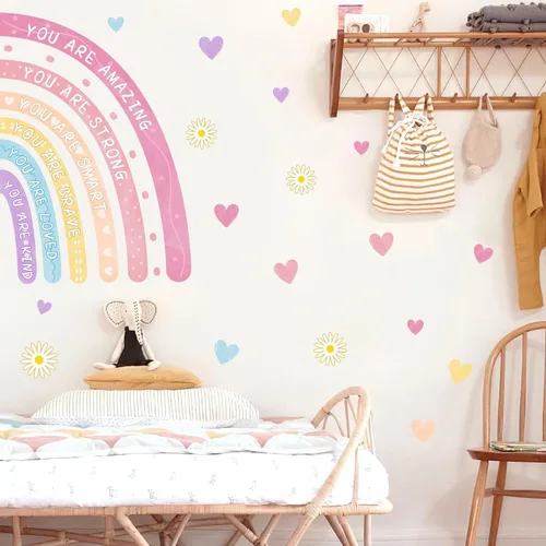 Vista 3 de Calcomanías de pared de acuarela arcoíris para despegar y pegar, eres calcomanías de paredes inspiradoras para guardería, decoración de pared