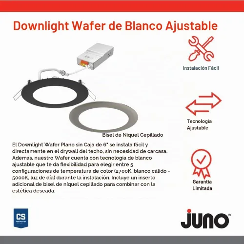 Vista 2 de Juno Luces LED empotrables de 6 pulgadas, luz descendente de oblea redonda 5 en 1, temperatura de color blanco conmutable, 120 voltios, borde plano