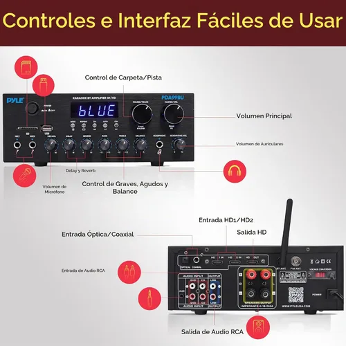 Vista 5 de Pyle Amplificador de Transmisión Inalámbrica Bluetooth, Receptor de Audio para Hogar Multicanal de 200W con Entrada/Salida de Alta Definición