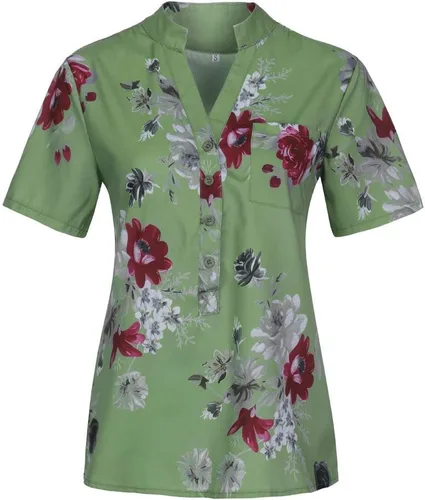 Vista 5 de LISTHA Blusa floral de verano para mujer, con bolsillo, manga corta, botones, cuello en V