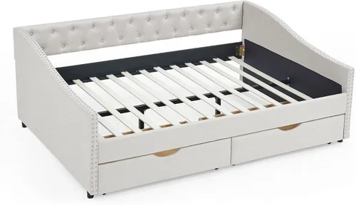 Vista 7 de Linuque - Sofá cama tapizado de tamaño matrimonial con 2 cajones de almacenamiento, marco de sofá cama de madera maciza con respaldo copetudo