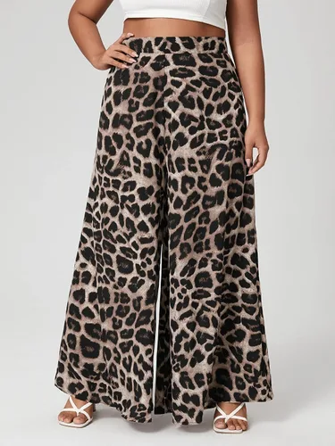 Vista 4 de WDIRARA Pantalones de mujer con estampado de leopardo y pierna ancha y cremallera trasera