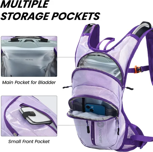 Vista 2 de Nepest Hydration Pack Backpack for Women & Men, Lightweight Water Backpack with 2L Water Bladder for Hiking Cycling Running Biking Holográfico