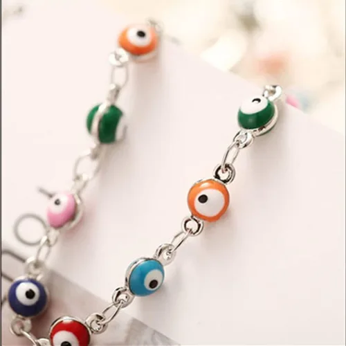 Vista 6 de Tobillera de ojo malvado de plata con cuentas de mal de ojo, joyería de pie de moda para la playa para mujer, Plata