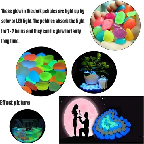 Vista 6 de Piedras brillantes moradas que brillan en la oscuridad, piedras luminosas para plantas de decoración de aceras, guijarros de plástico brillantes