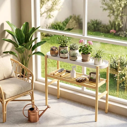 Vista 3 de Estantería de bambú Wisuce para interiores, mesa de 2 niveles de altura para ventana, soporte para múltiples plantas..