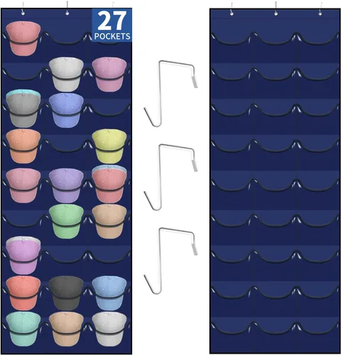 Vista 10 de Perchero para gorras de béisbol, 27 bolsillos sobre la puerta, organizador de sombreros de béisbol, almacenamiento de sombreros ajustable