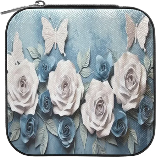 Vista 2 de Flradish White Blue Roses Travel Jewelry Case PU Leather Mini Jewelry Travel Case Portable Travel Jewellery Ring Organizer for Womens Rings Earrings