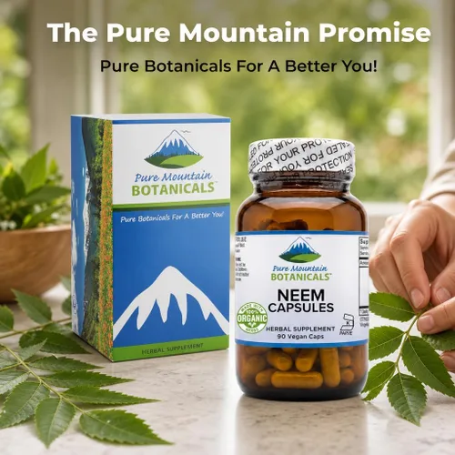 Vista 7 de Pure Mountain Botanicals Neem Cápsulas – Hoja de Neem orgánica de 500 mg – 90 cápsulas Kosher veganas – Suplemento para la piel y el bienestar