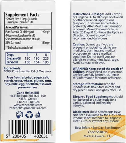 Vista 3 de Zane Hellas 190 mg de aceite de orégano-164 mg de carvacrol por porción-4 gotas diarias. Aceite de orégano 100% griego sin diluir. 86%-90% Carvacrol