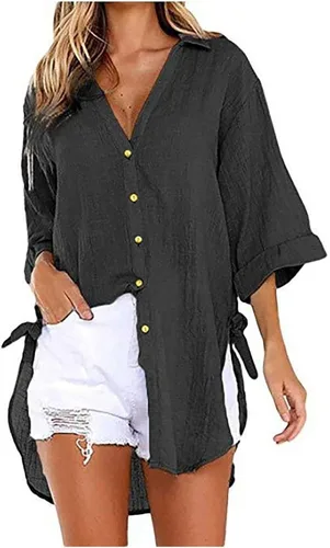 Vista 66 de Camisas de manga larga con botones para mujer, asimétricas, casuales, con cordones, túnica de gran