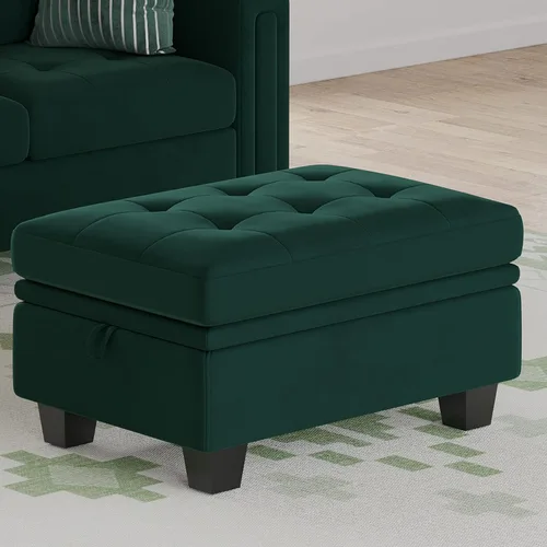 Vista 8 de Belffin Otomana rectangular de terciopelo con almacenamiento, diseño copetudo, color azul