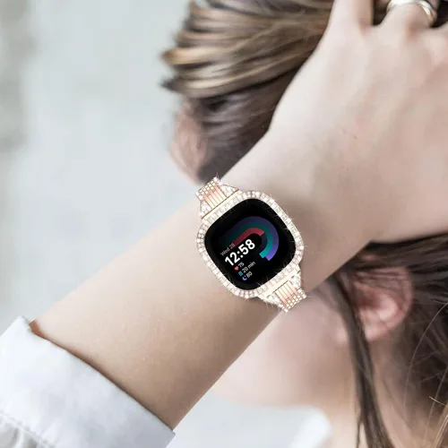 Vista 6 de MOFREE Compatible con Fitbit Versa 4 bandas/Fitbit Sense 2 bandas para mujeres con funda protectora de parachoques duro, joyería elegante pulsera