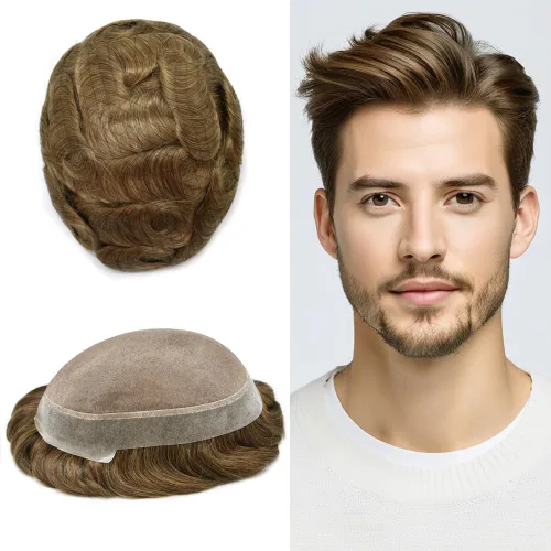 Vista 44 de Toupee For Men Hair Piece Fine Mono Hair System For Men Human Hair Mens Toupee Hair Piece For Men Hair Replacement Protesis Capilar 8x10 Medium