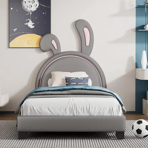Vista 3 de Cama de plataforma, base de cama tapizada de cuero con cabecera de adorno de conejo, ideal para el dormitorio o apartamento de un niño