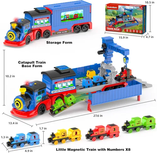 Vista 2 de Juego de tren de juguete 2 en 1 para niños pequeños, base de tren de catapulta con grúa torre móvil, 8 pequeños trenes magnéticos, efecto de luz