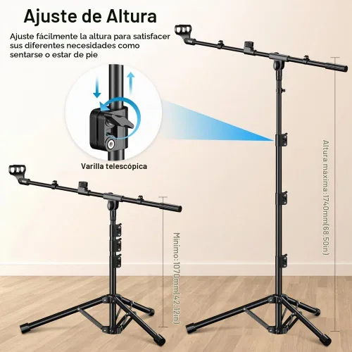 Vista 6 de Soporte de micrófono, brazo de boom trípode de altura ajustable de alta resistencia con bolsa de transporte, 2 clips de micrófono, adaptador de 3/8