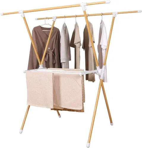 Vista 11 de BAOYOUNI Estante plegable de secado de ropa de acero inoxidable con doble poste, barras expandibles, ahorro de espacio, retráctil, resistente