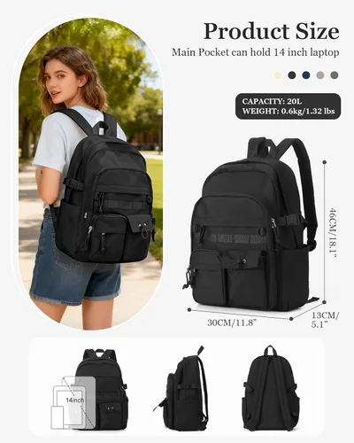 Vista 2 de weradar Mochila Escolar Para Mujeres y Hombres, Mochila Universitaria Estética, Bolsa Ligera de Escuela Secundaria Mochila, a1-Negro, Grande