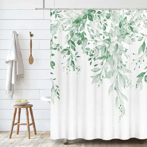 Vista 46 de Tititex - Juego de cortinas de ducha de eucalipto negro, hojas de acuarela gris en la parte superior, con decoración floral de baño, 60 x 72