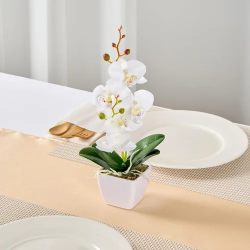 Vista 3 de Restaurantware - Orquídeas artificiales de 4 x 14 pulgadas, 12 orquídeas falsas en maceta, 5 flores, uso como centro de mesa, decoración del hogar u