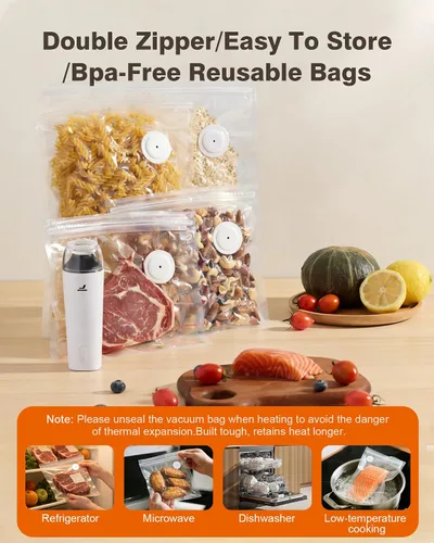 Vista 4 de Sellador al vacío para alimentos, diseño de chef para preservar la frescura, sellador al vacío manual compacto con 30 bolsas reutilizables, grado