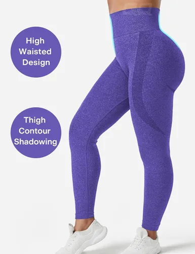 Vista 4 de QOQ Leggings sin costuras para mujer, cintura alta, para gimnasio, correr, yoga, levantamiento de glúteos, mallas de entrenamiento con control