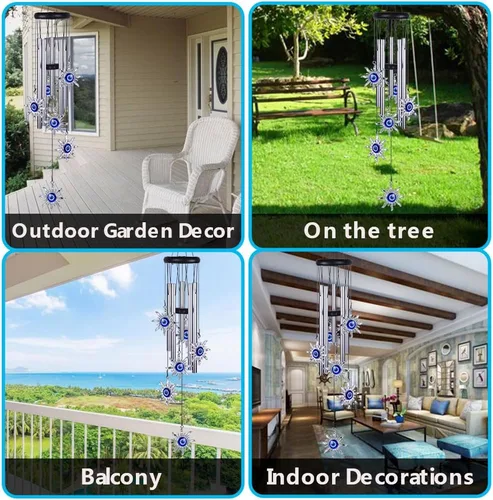 Vista 6 de Campanillas de viento azules con ojo maléfico para decoración exterior, atrapavientos móvil con sol y ojo maléfico, campanas de viento con sol y ojo