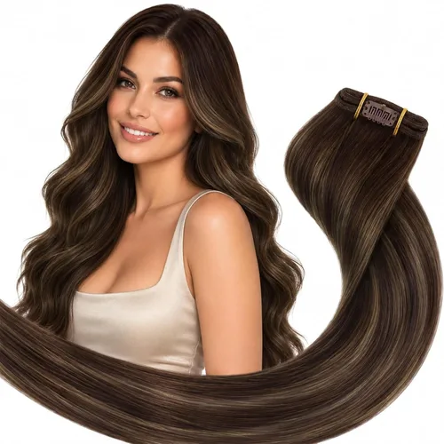 Vista 43 de Ve Sunny Extensiones de cabello humano real con clip balayage, color marrón castaño degradado a rubio, 12 pulgadas, 5 unidades, 2.82 onzas