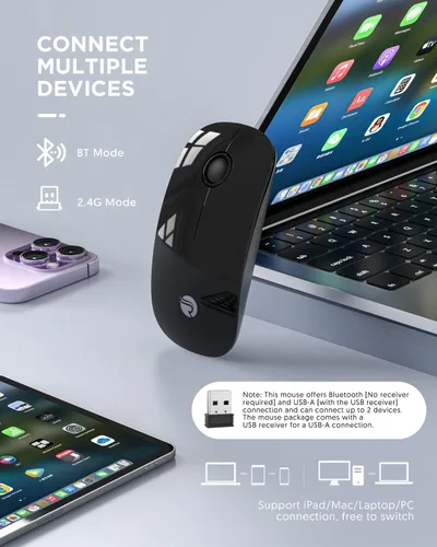 Vista 2 de RAPIQUE Ratón Inalámbrico Bluetooth - (BT5.1+USB) Ratón de Computadora de Modo Dual Delgado con Clic Silencioso, Baja Potencia y 1600 DPI, Ratón