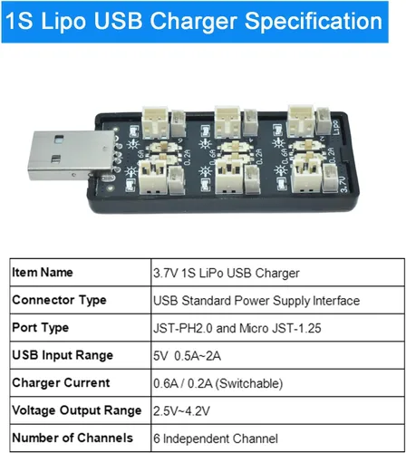 Vista 5 de 1S LiPo - Cargador USB de 6 canales 3.7V/4.20V, compatible con batería Tiny Whoop EMAX Tinyhawk, proyectos de bricolaje, conectores JST-PH2.0