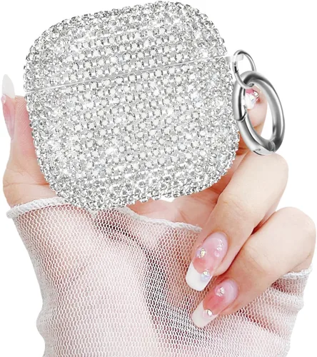 Vista 20 de Newseego Funda para AirPods de 1 y 2 generación, funda de lujo con diamantes de imitación brillantes con llavero para mujeres y niñas, anti-pérdida