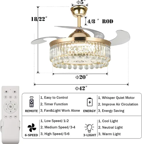 Vista 3 de Fandian Ventilador de techo moderno de 42 pulgadas con control remoto de luces, lámpara Bluetooth inteligente con altavoz, iluminación regulable