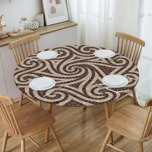 Vista 12 de Mantel redondo geométrico azul y blanco con bordes elásticos para mesas de hasta 45 a 50 pulgadas de diámetro