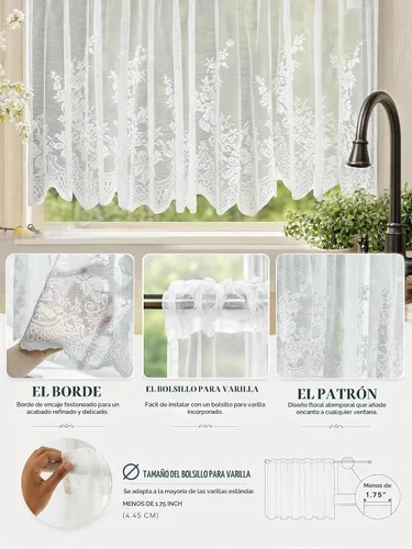 Vista 3 de Molaxhome Cenefas de encaje blanco para ventanas Cortina semitransparente
