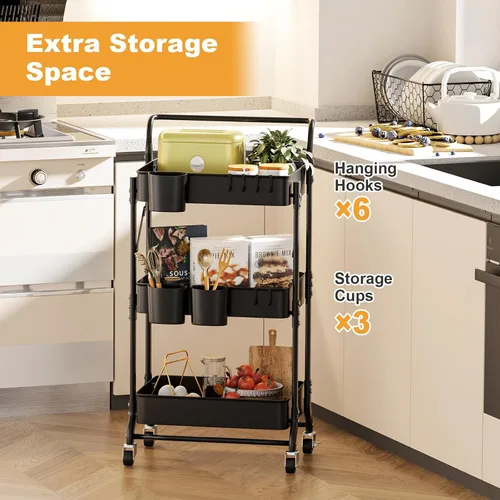 Vista 3 de Carrito plegable de 3 niveles con ruedas, carrito de utilidad plegable organizador, carrito de almacenamiento plegable con 3 tazas colgantes y 6