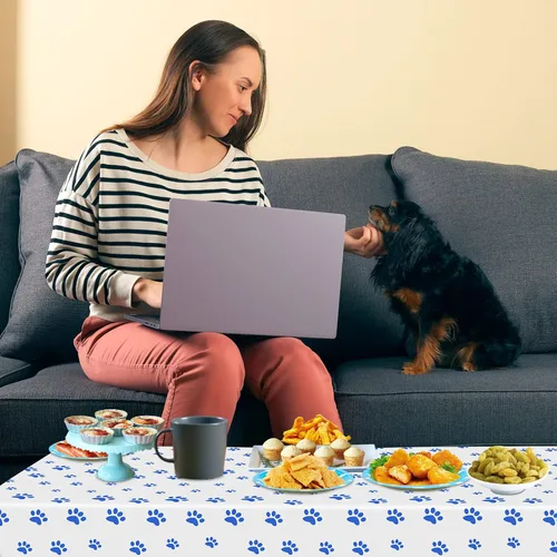 Vista 7 de Paquete de 2 manteles con estampado de patas de cachorro, 51 x 87 pulgadas, desechables, de plástico, para decoraciones de fiestas temáticas de Azul