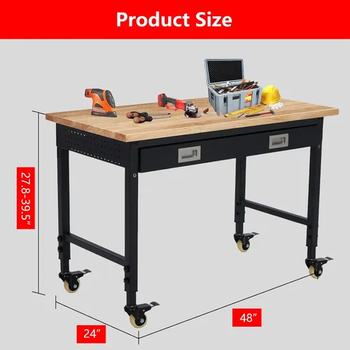 Vista 2 de Banco de trabajo de altura ajustable, mesa de trabajo de 60 x 22 pulgadas, parte superior de madera de goma resistente, capacidad de 2000 libras
