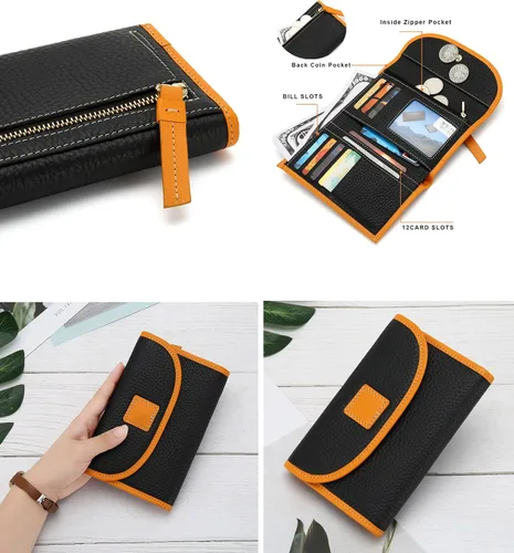 Vista 7 de Cartera de cuero genuino para mujer, con cierre de cremallera, monedero, monedero, gran capacidad, Negro -, Billetera triple