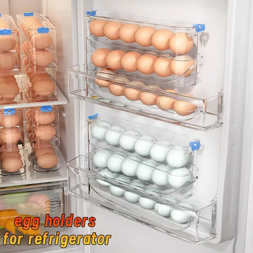 Vista 4 de Recipiente para huevos para refrigerador transparente apilable para almacenamiento y organización de cocina (marrón oscuro, 3 niveles)