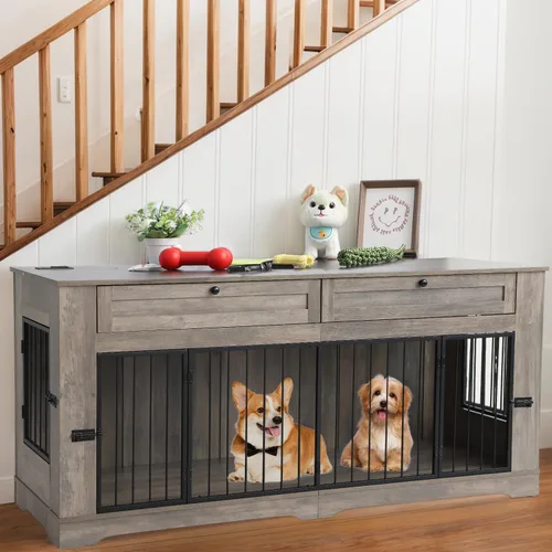 Vista 12 de Muebles de Jaula Grande para Perros - Jaula Decorativa Resistente para Perros de Interiores, Mesa Auxiliar de Jaula de Perro de Madera con Estación