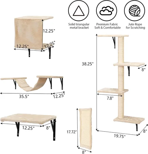 Vista 6 de COZIWOW Muebles para gatos montados en la pared, estantes y perchas de pared para gatos, estantes flotantes para gatos para pared, juego de 5 (beige)