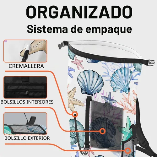 Vista 4 de Bolsa seca impermeable Bolsas secas marinas para kayak, senderismo, conchas marinas, coral, náutica, estrella de mar, mochila con cierre enrollable