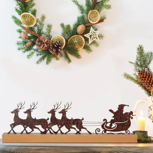 Vista 5 de Soaoo Decoraciones de mesa de Navidad, decoración de trineo de Papá Noel de metal con base de madera, decoraciones rústicas de fiesta de Navidad