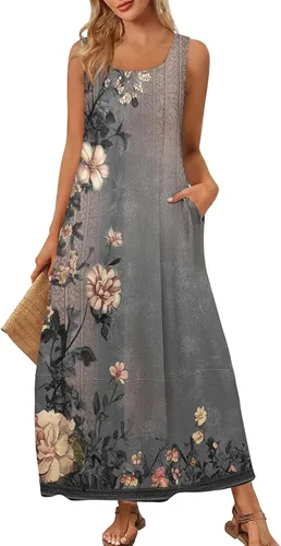 Vista 17 de Vestidos de iglesia para mujer 2025, casual, holgado, sin mangas, largo, fluido, vestido de verano con bolsillos