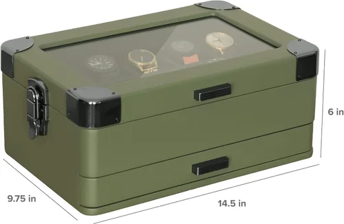 Vista 7 de CASE ELEGANCE Caja organizadora militar de 10 ranuras para reloj, para hombres, parte superior de cristal real, bandeja modular de valet, compatible