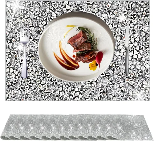 Vista 28 de Juego de 1 mantel individual redondo en negro, manteles individuales brillantes resistentes al calor, lavables, para cena, cocina, boda, decorativos